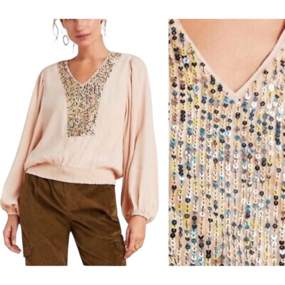 MAEVE Anthropologie Size XS Blush Sequin Long Balloon Sleeve V-Neck Pullover Top - Picture 1 of 9